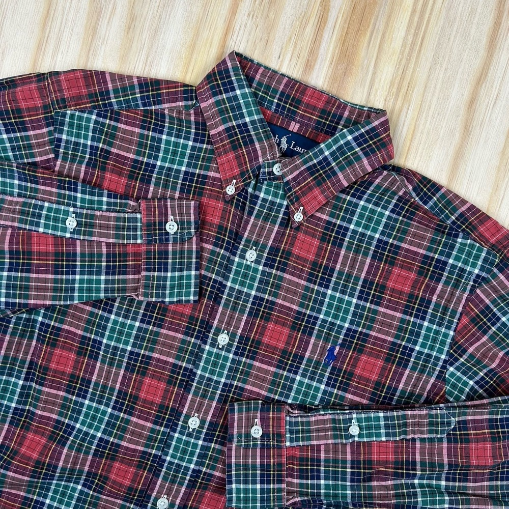 Polo Ralph Lauren Shirt Mens‎ M Red Green Plaid Button Up Vintage Long Sleeve